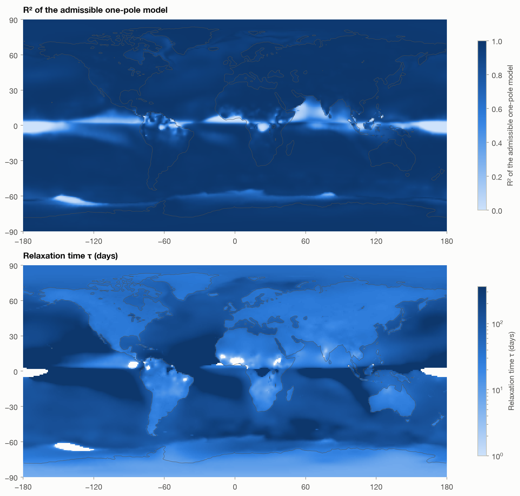 Cell-level R² and relaxation time (Berkeley Earth, 1°).